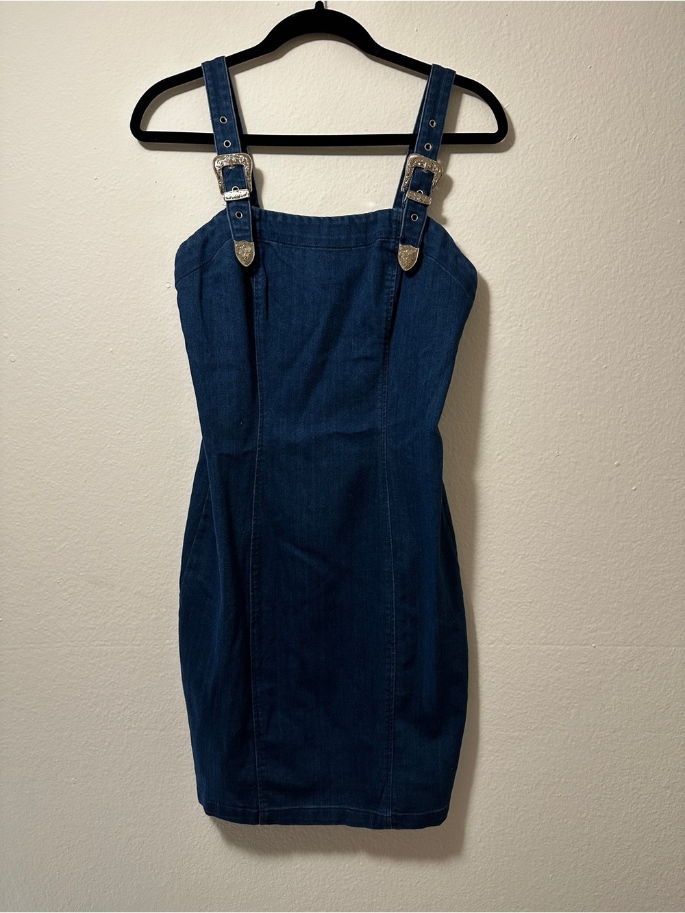 Haute Monde Dark Blue Denim Mini Dress with Buckle Straps